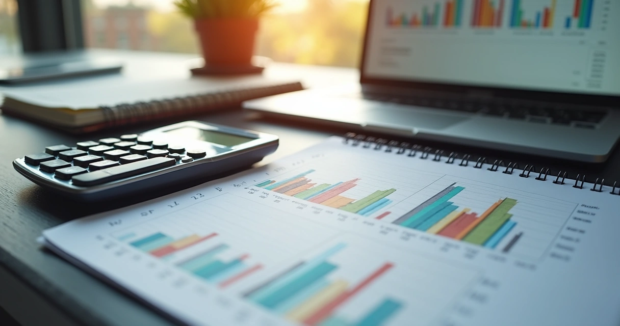 Mesa de escritório com calculadora, caderno aberto com gráficos e notas financeiras coloridas, e um laptop mostrando planilha de custos e receitas em alta resolução