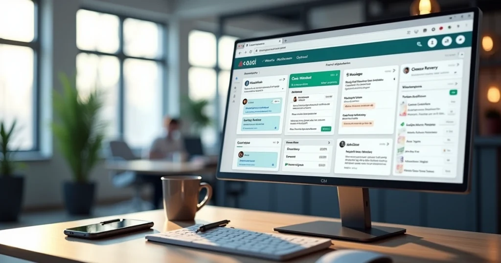 Dashboard de CRM exibindo múltiplos canais de vendas integrados como WhatsApp, e-mail e telefone em tela de computador