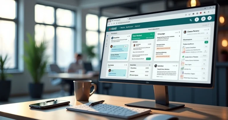 Dashboard de CRM exibindo múltiplos canais de vendas integrados como WhatsApp, e-mail e telefone em tela de computador