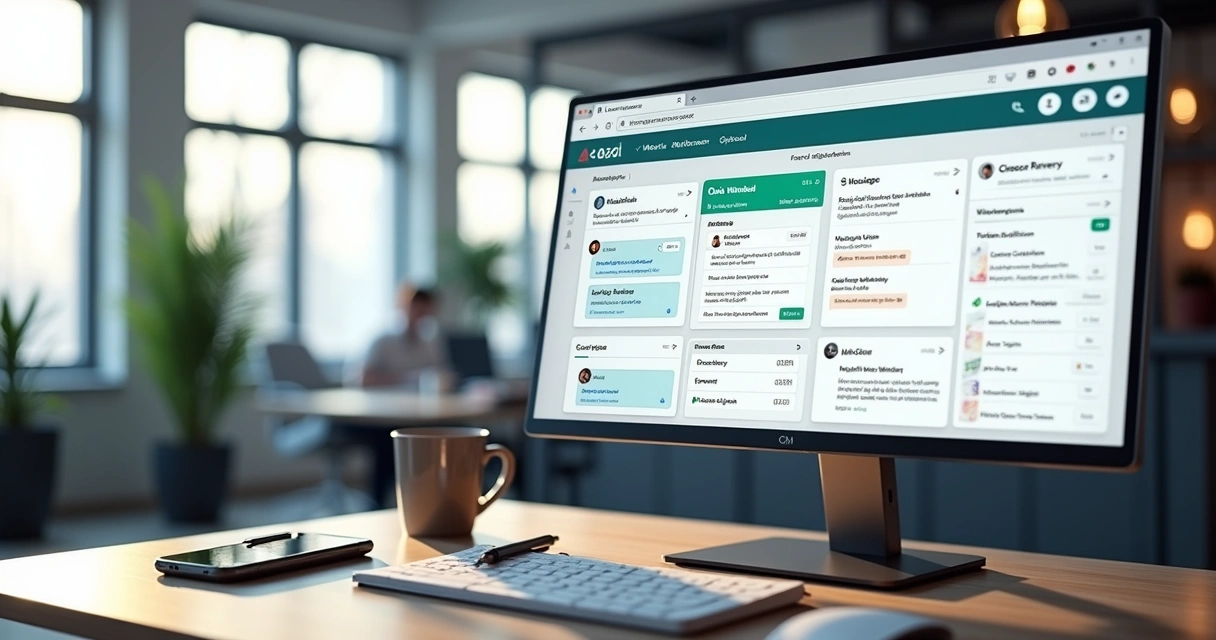 Dashboard de CRM exibindo múltiplos canais de vendas integrados como WhatsApp, e-mail e telefone em tela de computador