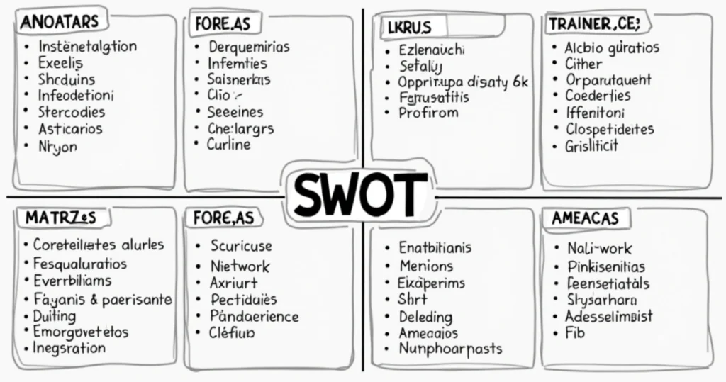 Matriz SWOT desenhada em quadro branco com anotações de forças, fraquezas, oportunidades e ameaças em ambiente de escritório comercial