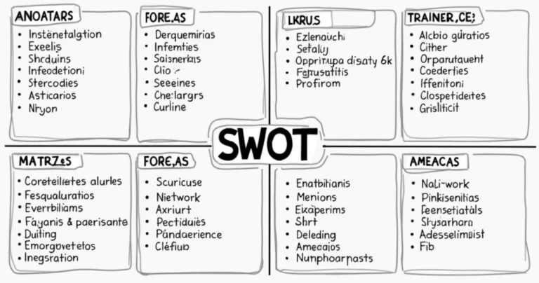 Matriz SWOT desenhada em quadro branco com anotações de forças, fraquezas, oportunidades e ameaças em ambiente de escritório comercial