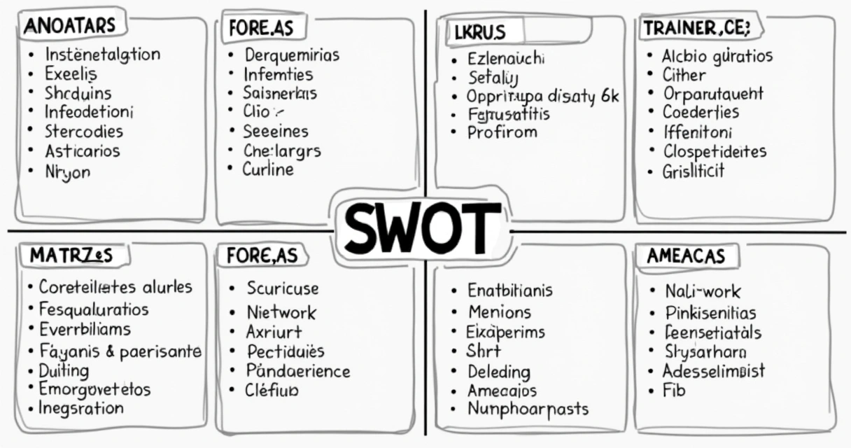 Matriz SWOT desenhada em quadro branco com anotações de forças, fraquezas, oportunidades e ameaças em ambiente de escritório comercial