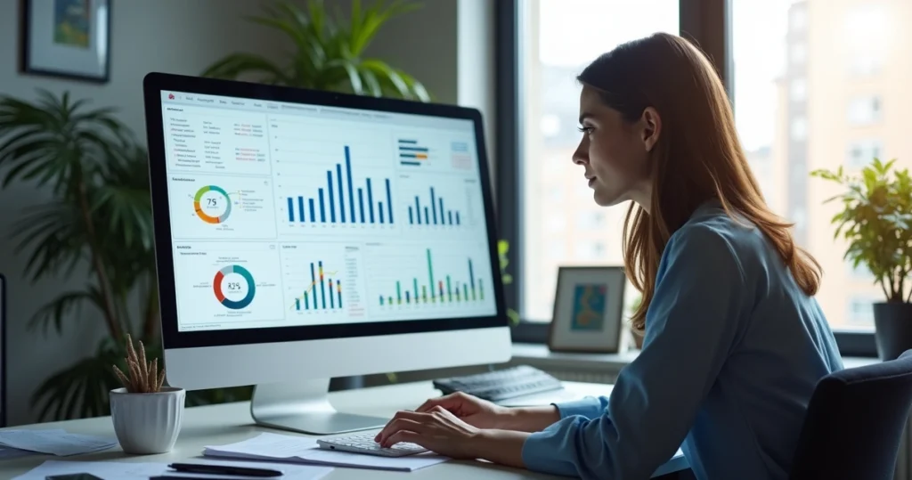 Pessoa analisando gráficos e dados de clientes em um computador moderno em escritório luminoso