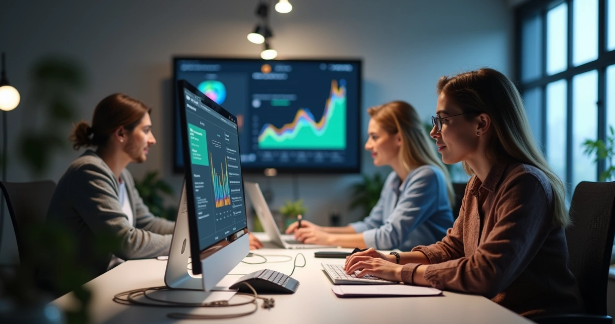 Pequena empresa com equipe de vendas organizada usando computador e CRM digital na mesa do escritório