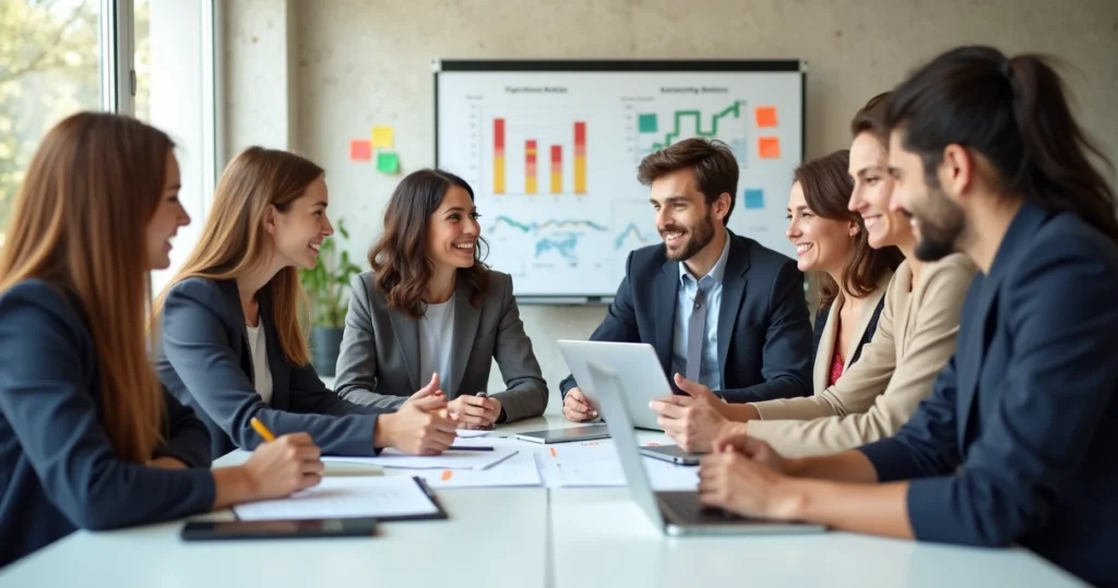 Equipe comercial reunida em escritório moderno, sorrindo e motivada durante reunião de vendas