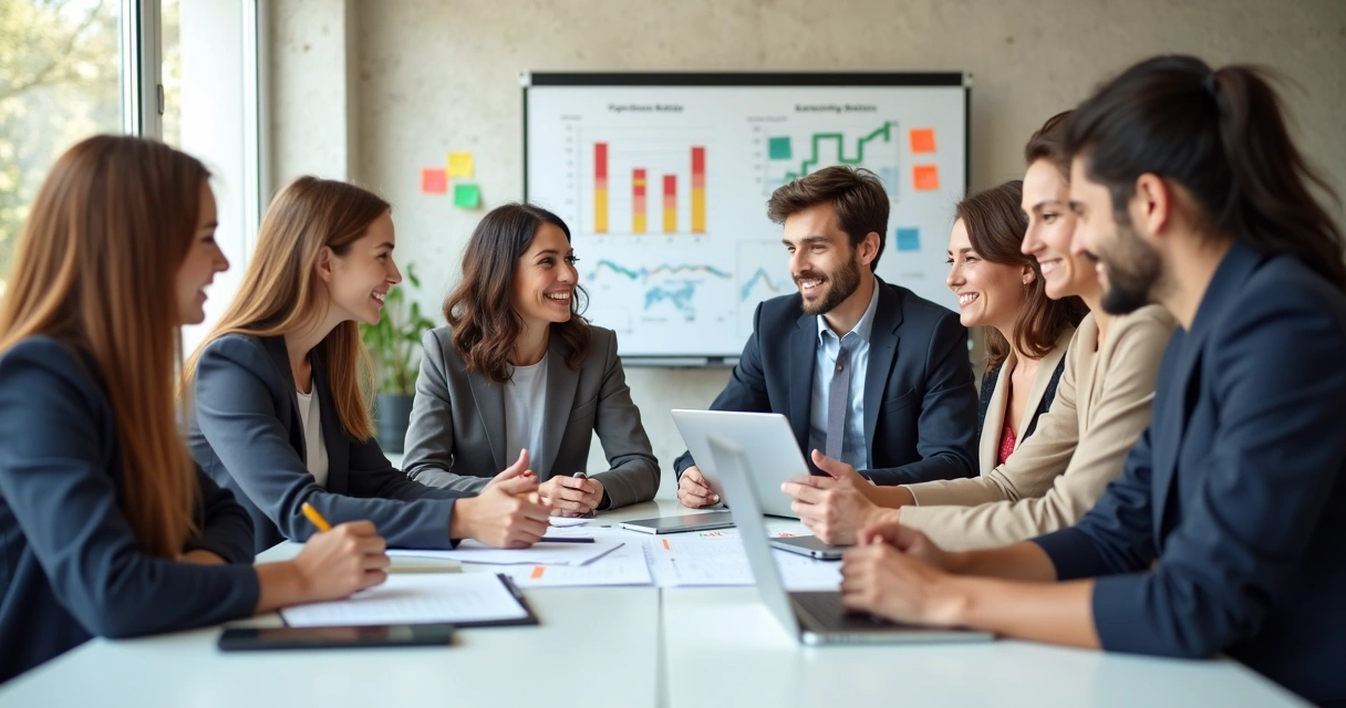 Equipe comercial reunida em escritório moderno, sorrindo e motivada durante reunião de vendas