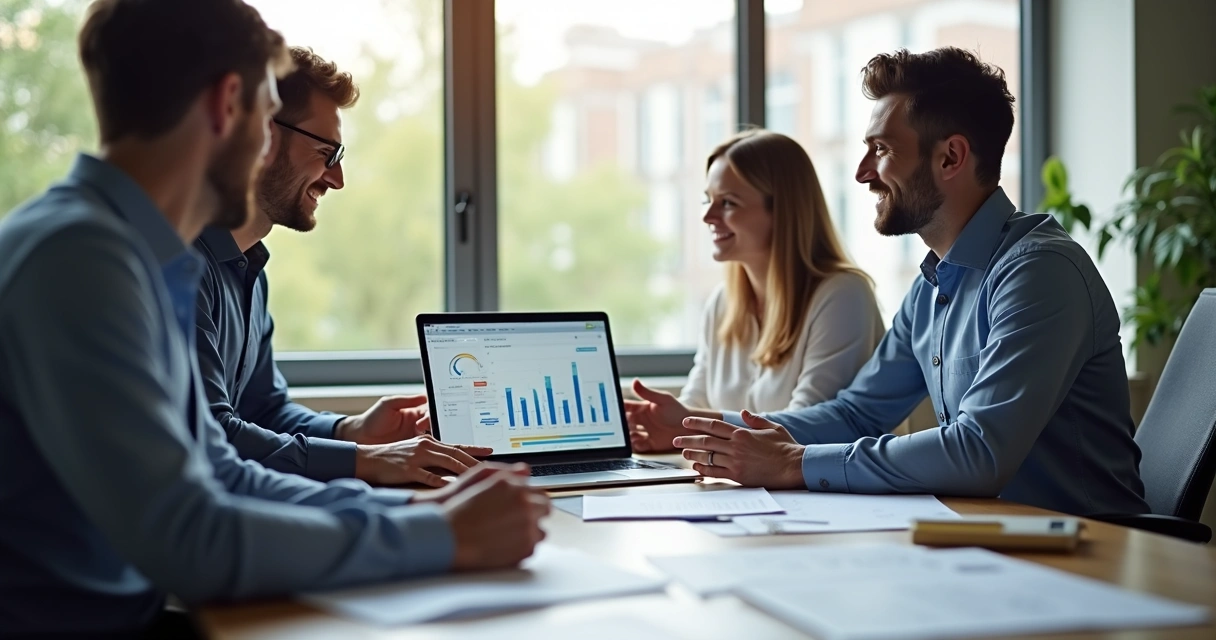 Equipe de pequenas empresas reunida em escritório moderno usando sistema CRM de vendas no computador