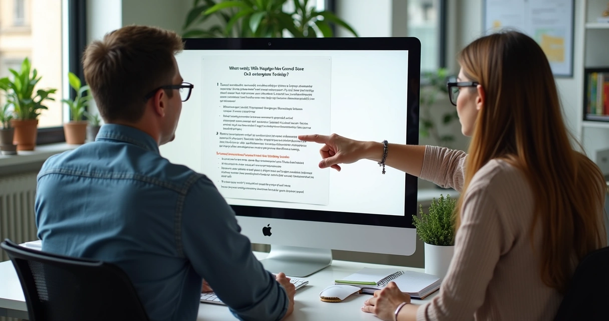 Equipe de pequena empresa trabalhando junta com textos e desenhos de copywriting em tela de computador
