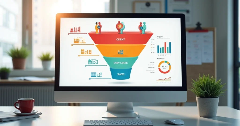 Representação digital de funil de vendas com etapas coloridas e ícones de clientes em cada fase, com um fundo claro e elementos de gráficos e listas organizadas