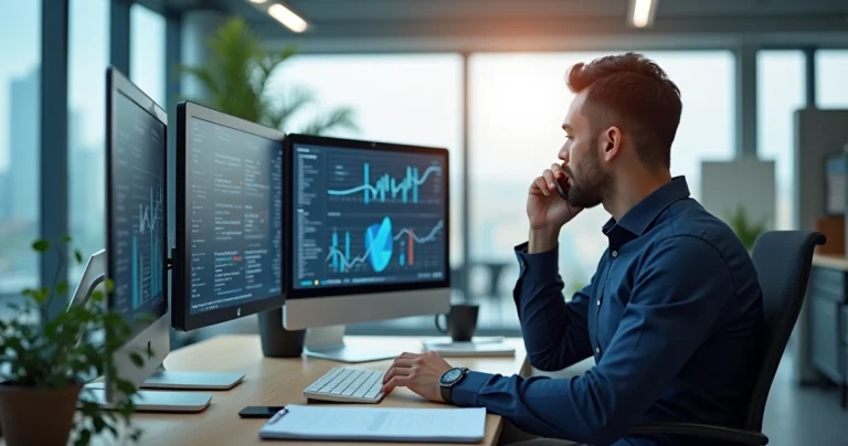 Pessoa atendendo ligação em escritório moderno com computador e agendas organizadas ao redor