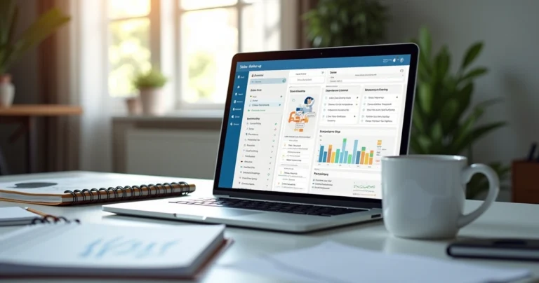Mesa de escritório com laptop aberto mostrando dashboard de CRM, cadernos organizados, calendário marcado com lembretes, e caneca de café