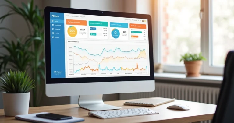 Tela de sistema CRM mostrando histórico de clientes, agenda de retornos e indicadores de vendas em computador