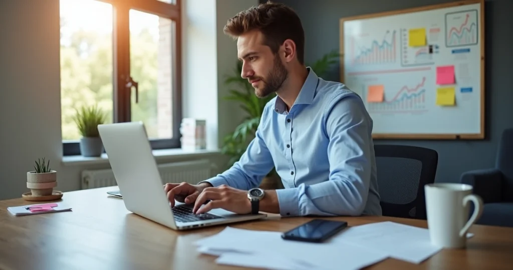 Gestor pequeno empresário organizando vendas B2B com gráficos e histórico de clientes no computador