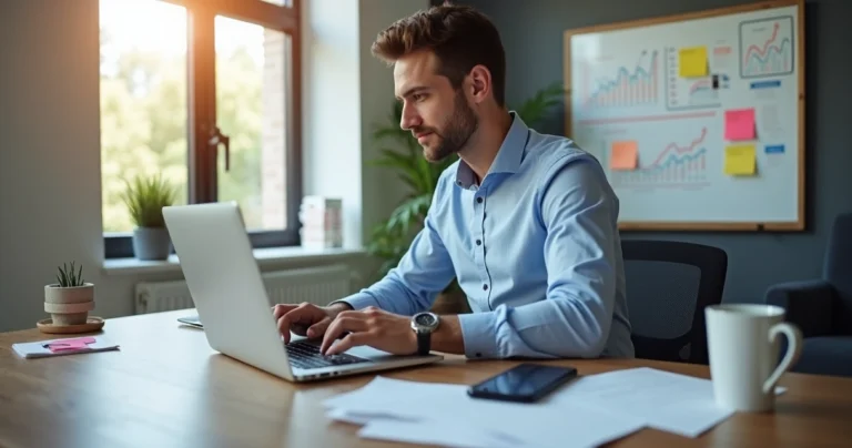 Gestor pequeno empresário organizando vendas B2B com gráficos e histórico de clientes no computador