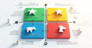 Ilustração detalhada da matriz BCG com quatro quadrantes coloridos representando vaca leiteira, estrela, interrogação e abacaxi, com gráficos de participação e crescimento de mercado