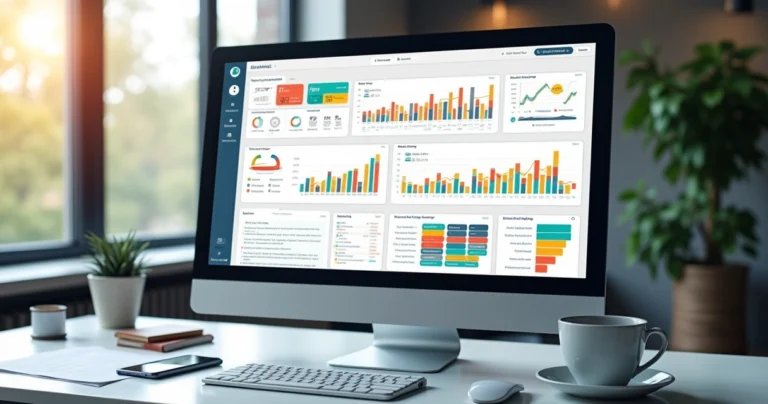Painel digital de gestão comercial mostrando gráficos, KPIs e tarefas em dashboard colorido no computador