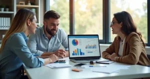 Equipe em pequena empresa usando computador para criar anúncios digitais simples em ambiente de escritório organizado