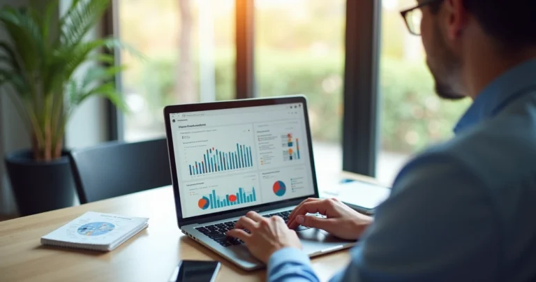 Profissional SDR trabalhando em escritório moderno com notebook, anotações e gráficos de vendas na tela do computador