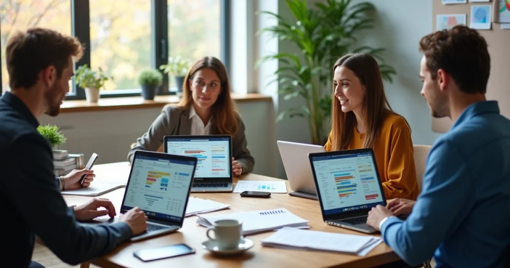 Equipe de vendas reunida ao redor de uma mesa com computadores mostrando sistema CRM, gráficos de vendas e histórico de clientes na tela