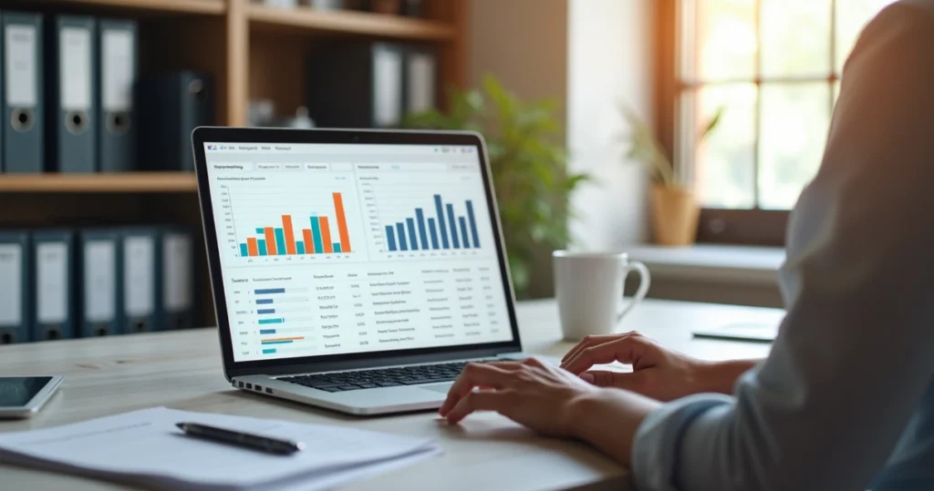 Vendedor usando sistema CRM em laptop mostrando gráficos de vendas e sugestões de upselling na tela