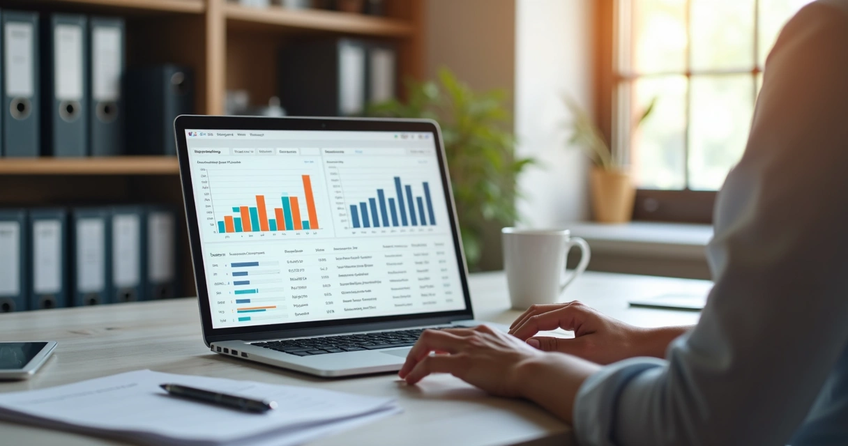 Vendedor usando sistema CRM em laptop mostrando gráficos de vendas e sugestões de upselling na tela