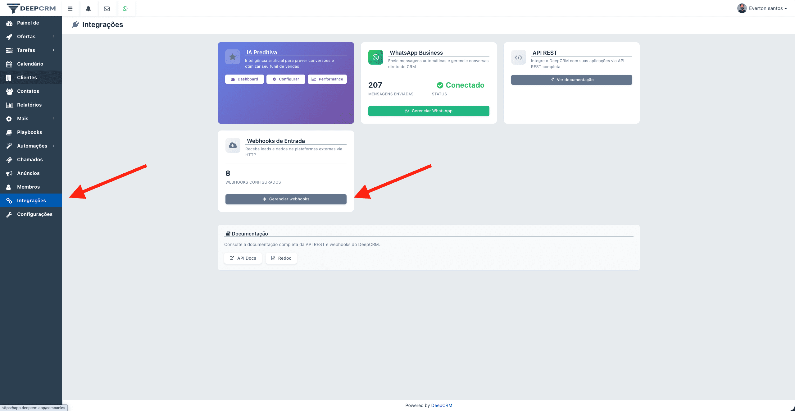 Tela de adicionar webhook no DeepCRM