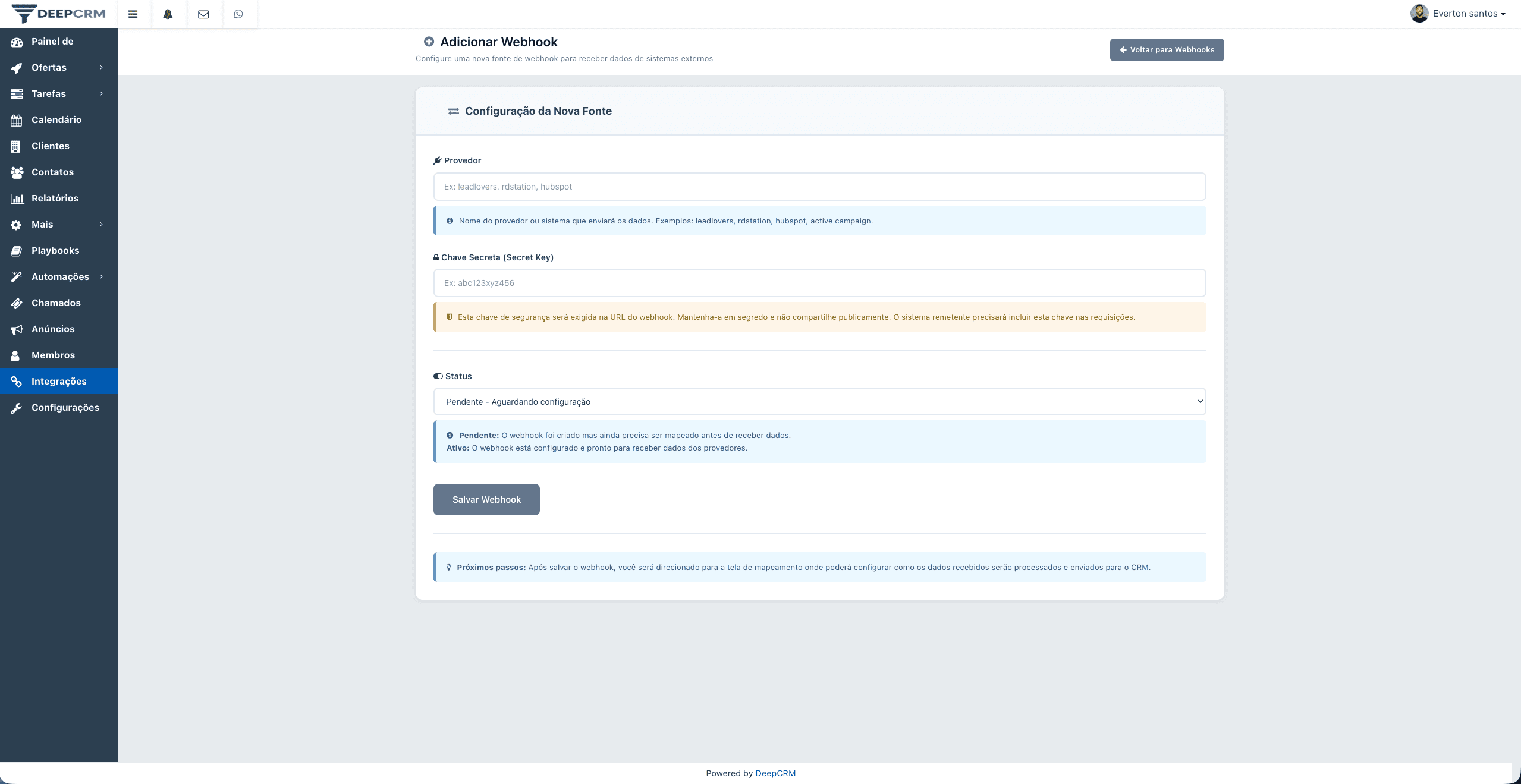 Configuração da fonte do webhook
