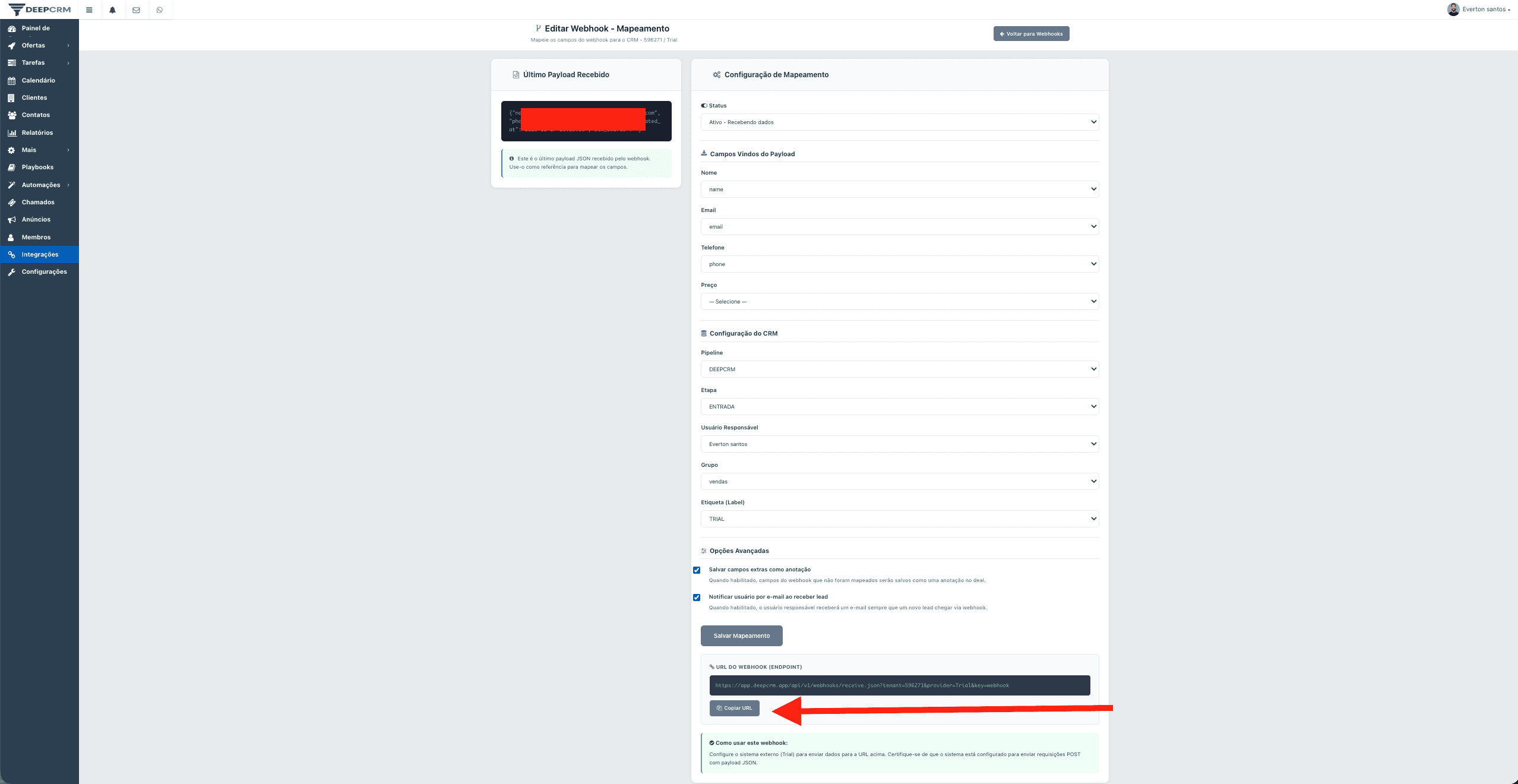 URL do webhook no DeepCRM