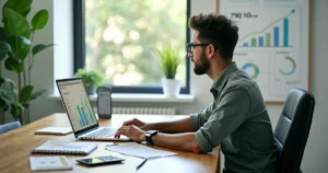 Empresário analisando gráficos de lucro em laptop em escritório moderno