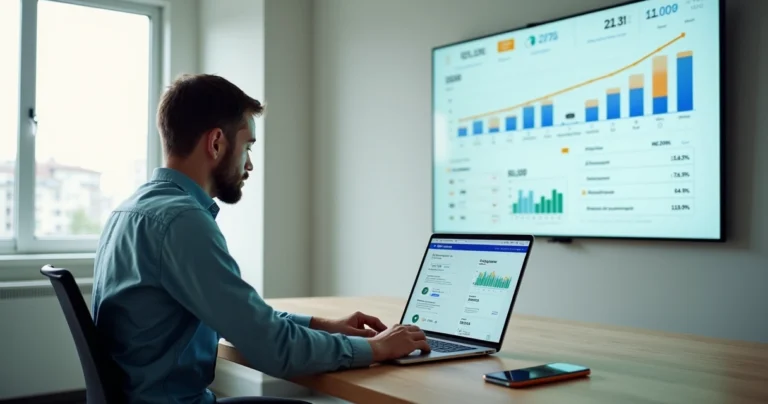 Empresário conferindo checklist de vendas em painel com gráficos de crescimento