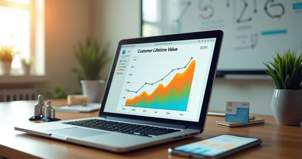 Painel com gráfico de valor do cliente subindo e ícones de clientes recorrentes