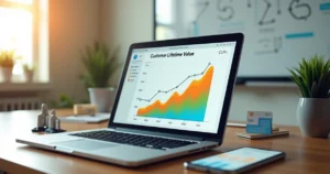 Painel com gráfico de valor do cliente subindo e ícones de clientes recorrentes