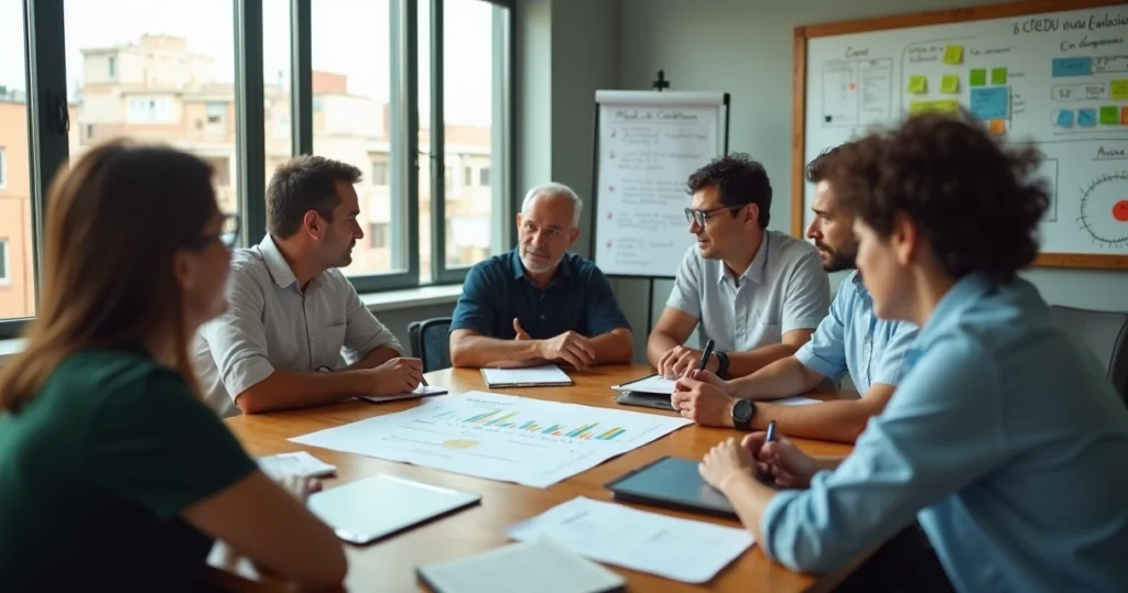 Reunião de comitê gestor em pequena empresa discutindo metas em uma sala de reunião simples