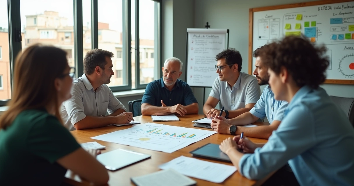 Reunião de comitê gestor em pequena empresa discutindo metas em uma sala de reunião simples