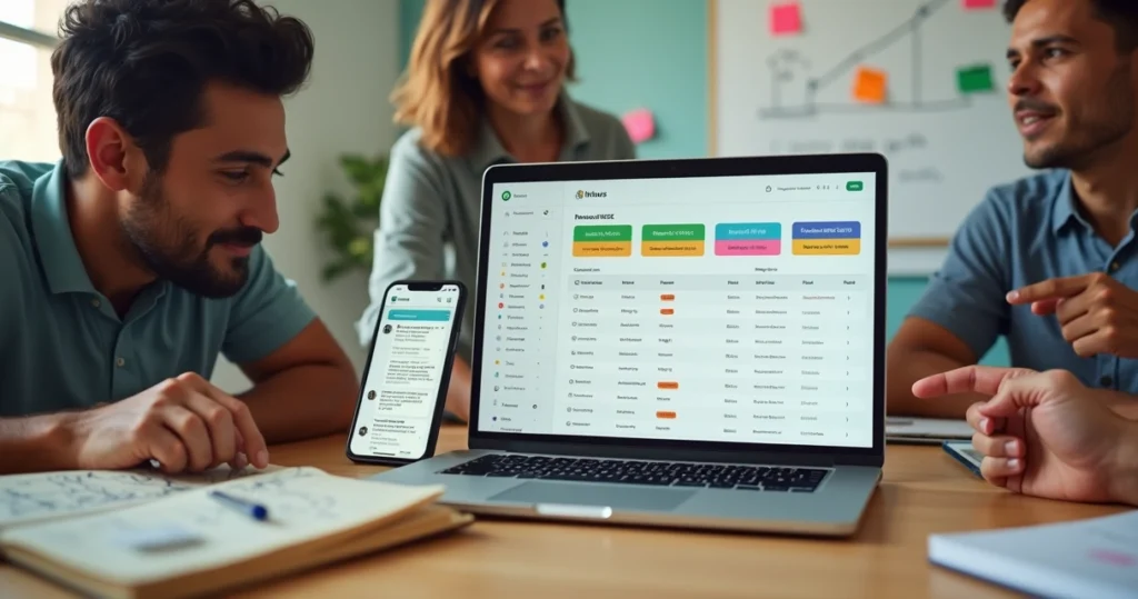 Pequena equipe de vendas usando CRM no notebook e celular com WhatsApp aberto