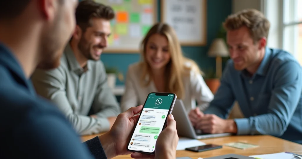 Equipe de vendas pequena usando CRM simples integrado com WhatsApp no celular