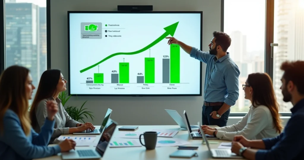 Empresário mostrando gráfico de crescimento em reunião de vendas com equipe