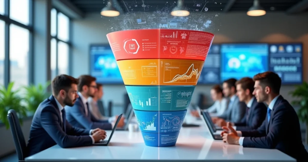 Representação realista de funil de vendas com três etapas coloridas em gráfico 3D, computadores e pessoas analisando métricas