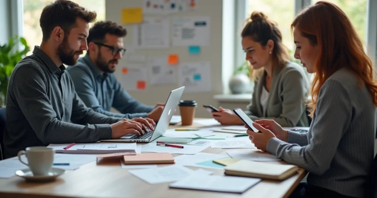 Equipe pequena de vendas em escritório de PME organizando clientes em planilhas e usando celular com WhatsApp para vendas