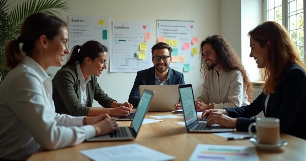 Equipe de vendas de PME reunida em escritório simples, conversando animada e motivada com frases motivacionais no celular e no computador