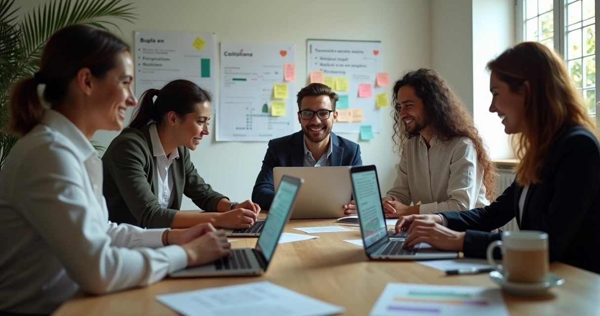 Equipe de vendas de PME reunida em escritório simples, conversando animada e motivada com frases motivacionais no celular e no computador