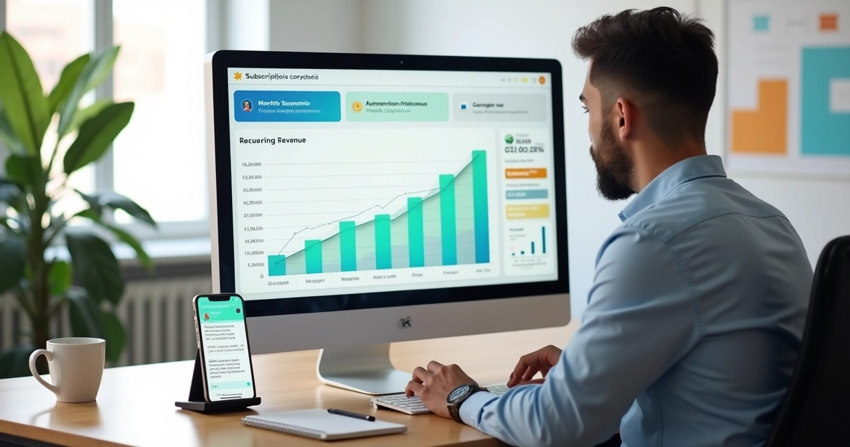 Empresário analisando gráficos de receita recorrente em tela de computador