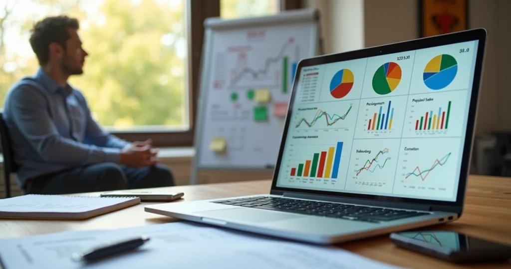 Empresário analisa painel de KPIs coloridos em notebook sobre mesa de escritório