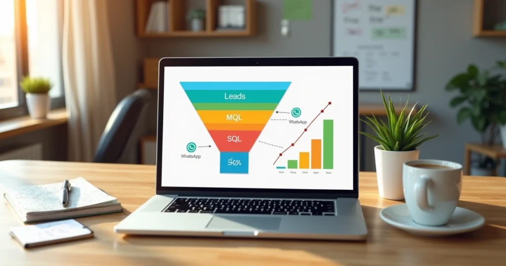 Painel de funil de vendas com MQL e SQL destacados em tela de notebook