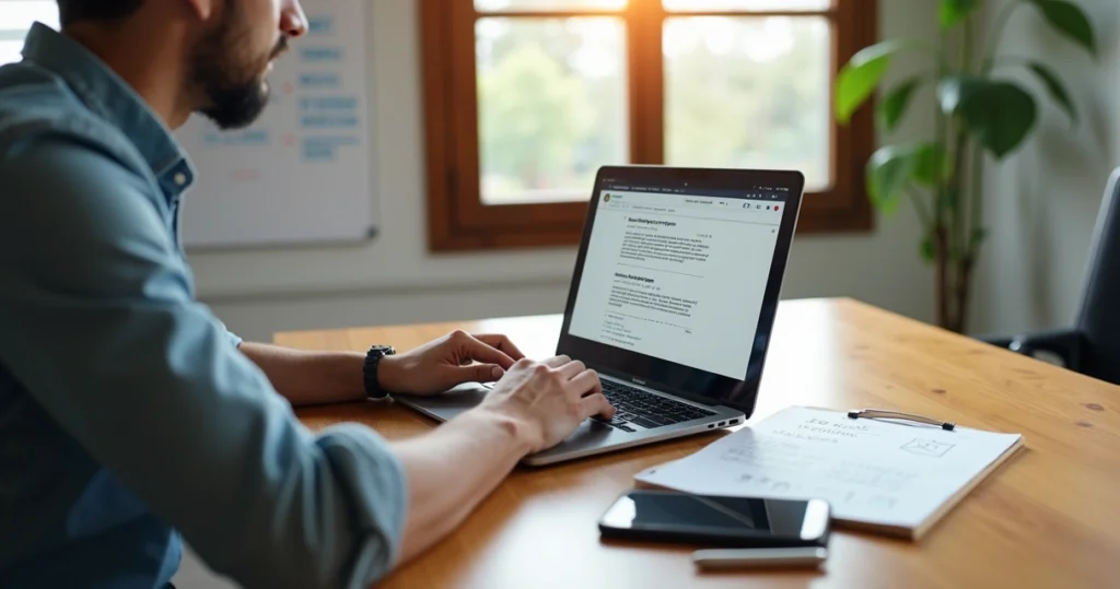 Empresário usando notebook para escrever modelos de e-mails de vendas em escritório simples