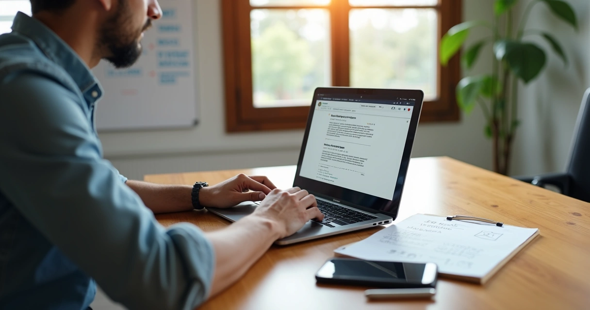 Empresário usando notebook para escrever modelos de e-mails de vendas em escritório simples