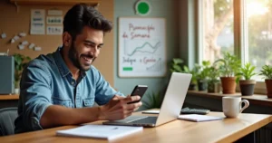 Dono de pequena empresa usando celular e laptop para planejar ações de marketing simples