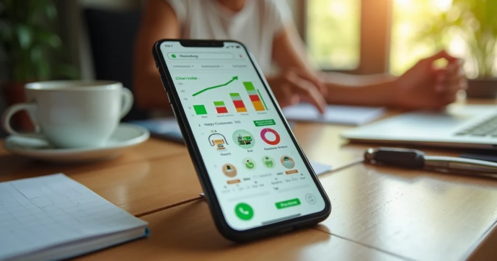 Tela de smartphone mostrando gráficos de churn rate com setas para baixo e ícones de clientes satisfeitos e mensagens de WhatsApp