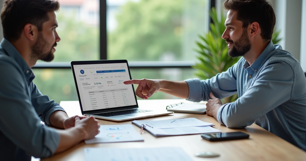 Representante de vendas mostrando funil de vendas simples para dona de pequena empresa